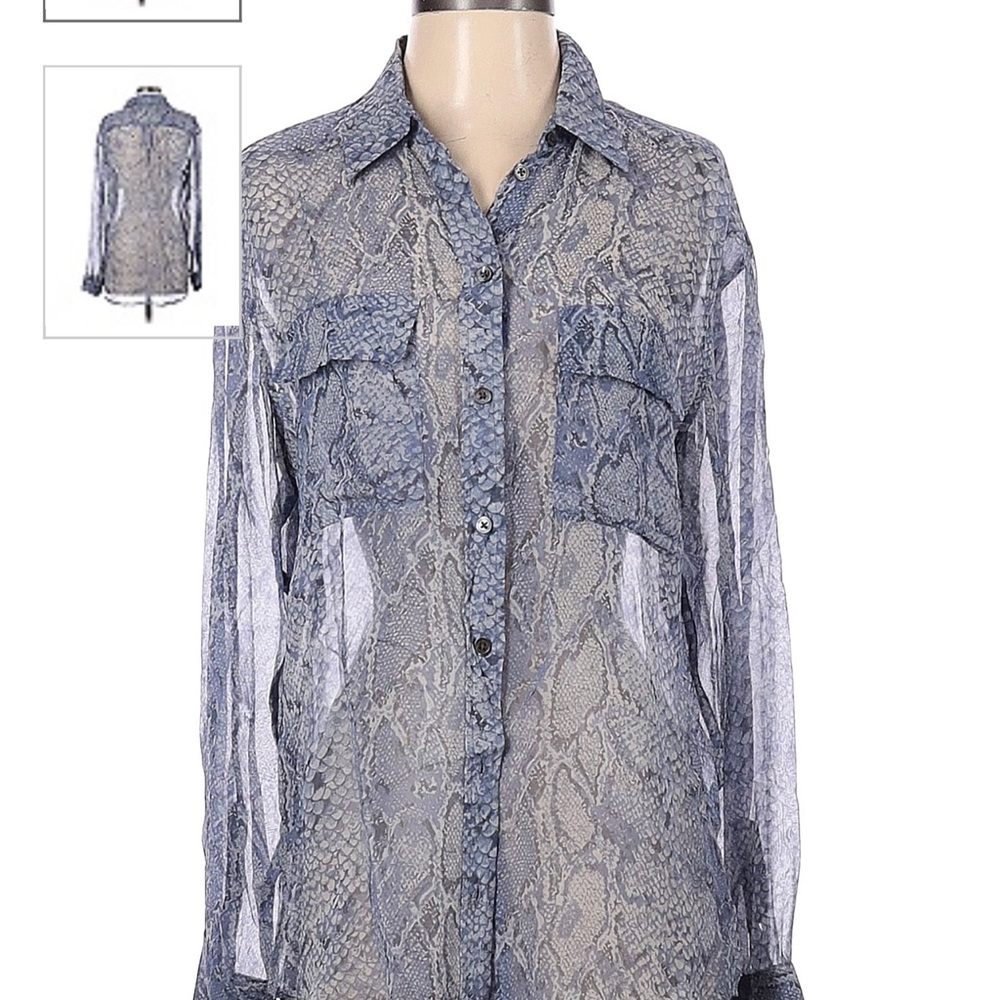 Equipment Womebs Silk Sheer Top Python Animal Print Medium Blue Button Down